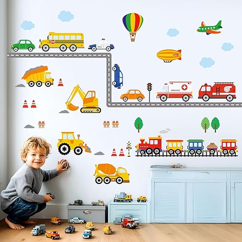 DECOWALL DS-8047 Calcomanías de pared de transporte para niños, despegar y pegar, extraíble, cuarto de bebé, dormitorio, construcción, niños, niños,