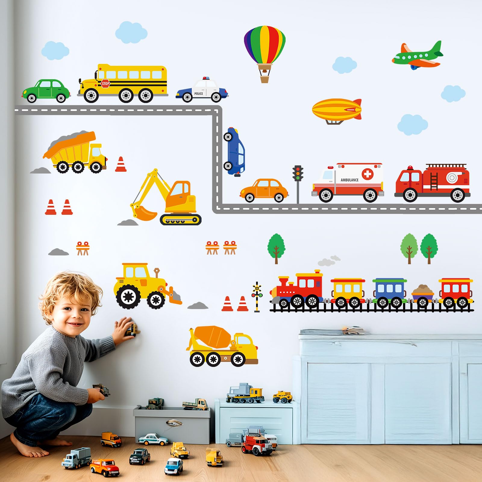 Ds-8047 Construction Vehicles Road Wall Stickers Truck Excavator Cars Transportation Decals For Kids Boys Bedroom Nursery Playroom Living Decowall