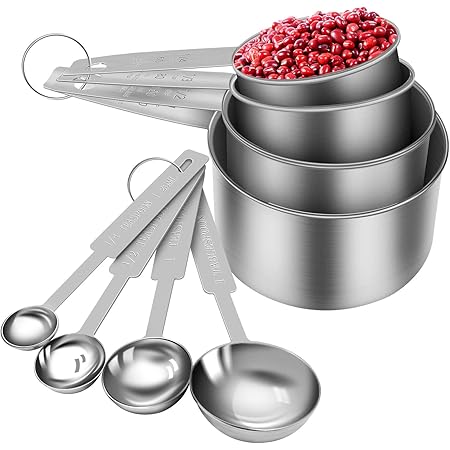 8 Piece Measuring Cups and Spoon Set - Stainless Steel Measuring Cup and Spoon with Measuring Ruler for Liquids and Solids