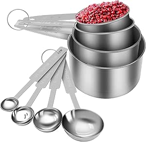8 Piece Measuring Cups and Spoon Set - Stainless Steel Measuring Cup and Spoon with Measuring Ruler for Liquids and Solids