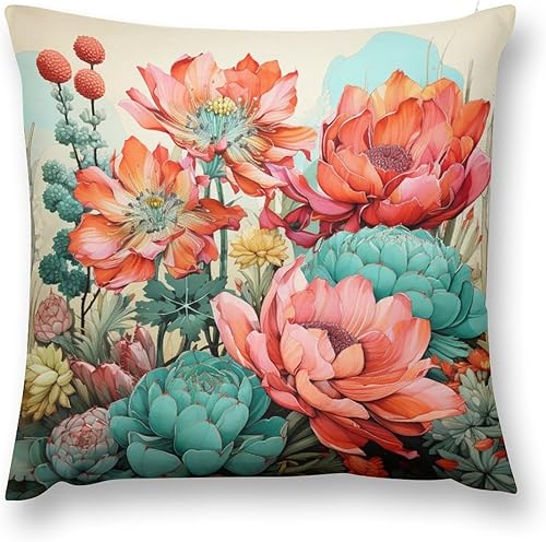 Miniatura 10 de Fundas de almohada cuadradas de 22 x 22 pulgadas, fundas de almohada suaves en acuarela, diseño de cactus y flores, fundas de cojín para sofá,