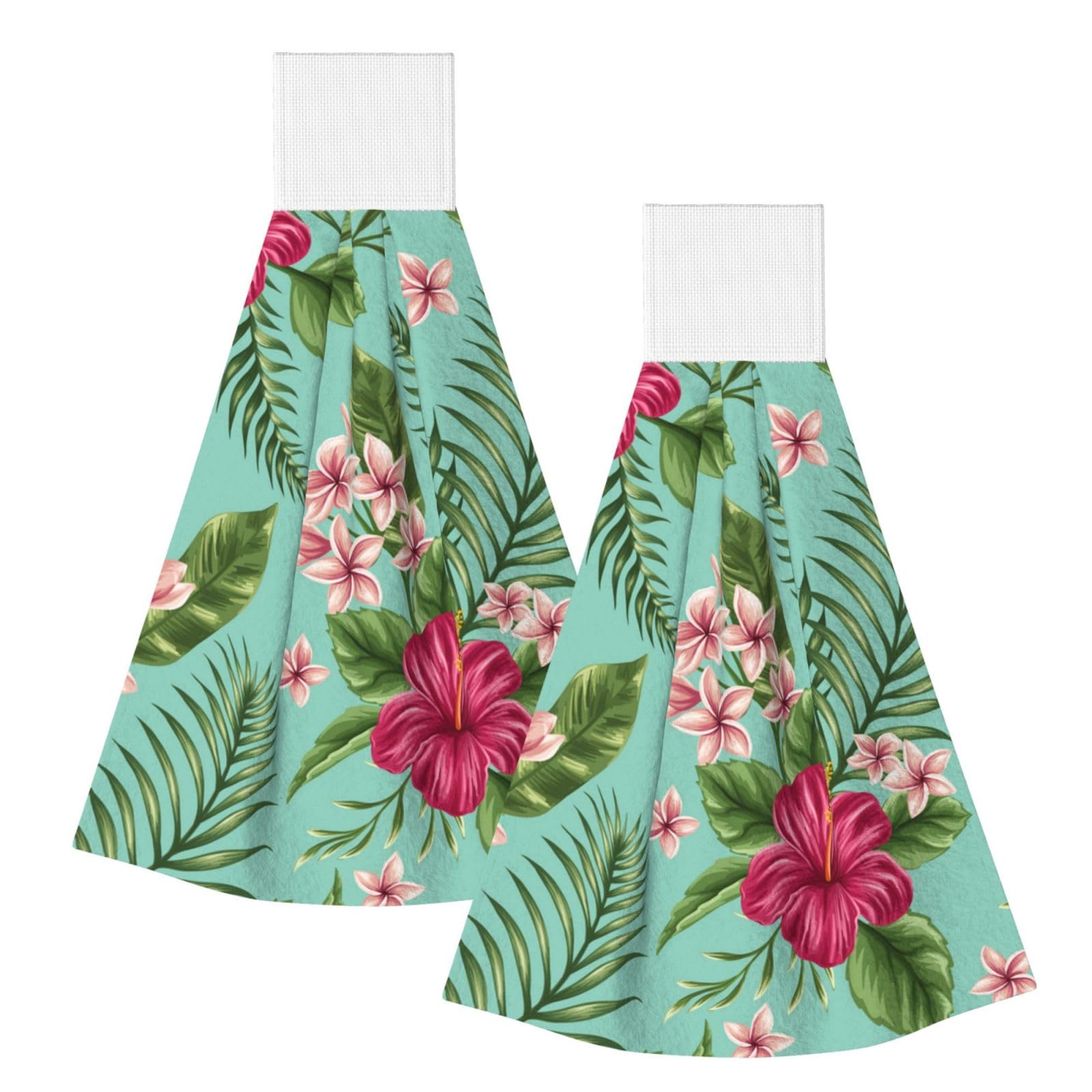 DOPKLNA Plumeria And Hibiscus Flowers Print Exotic Jungle Palm Leaf, 2 Pcs Hanging Coral Fiber Hand Towels for Bathroom, Absorbent Kitchen Towels