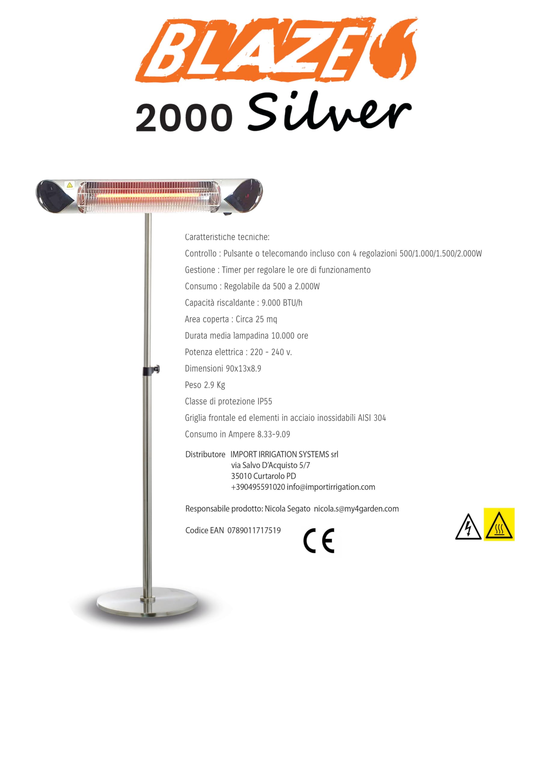 Lampada Riscaldante ad Infrarossi da Esterno e Interno con Lampadina al Carbonio, 2000 Watt, IP55, 4 Livelli di Potenza, Bassi Consumi con Piantana, Colore Argento