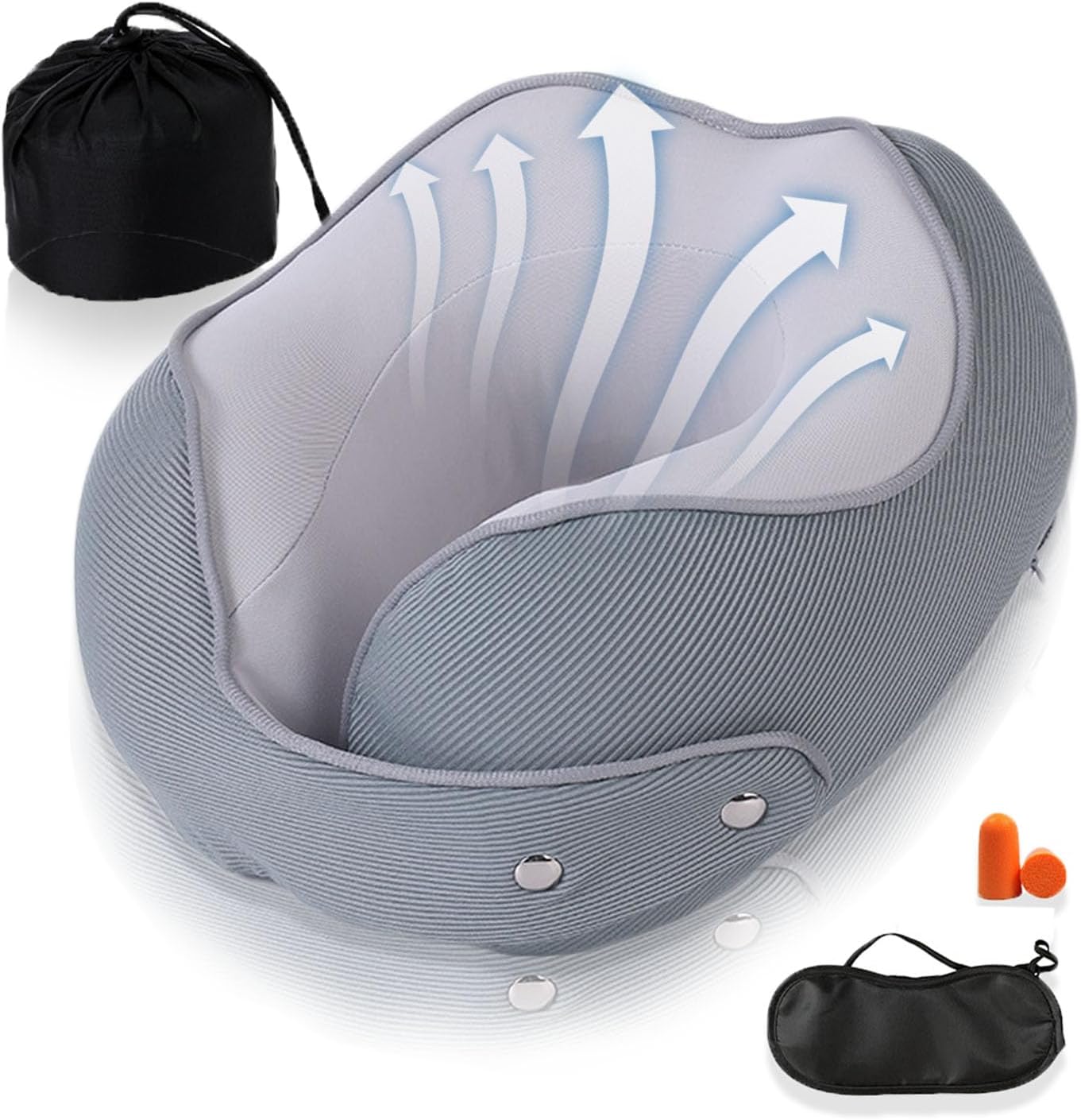 EHIOG Travel Pillow, Adjustable Memory Foam Neck Pillow for Travel, Ideal for Traveling by Plane, Car, Train, with Sleep Mask and Ear Plugs Bring Storage Bag