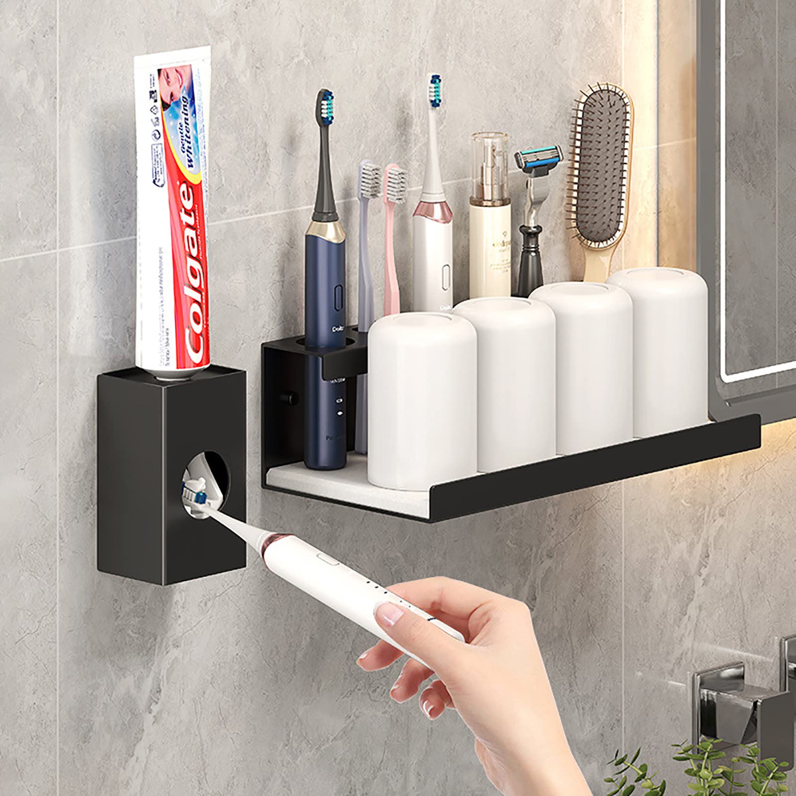 Porta Cepillo de Dientes, Soporte Cepillo de Dientes Eléctrico, Pared Estuche Cepillo Dientes con 4 Ranuras para Cepillos, Organizador Baño con Dispensador Pasta Dientes Negro
