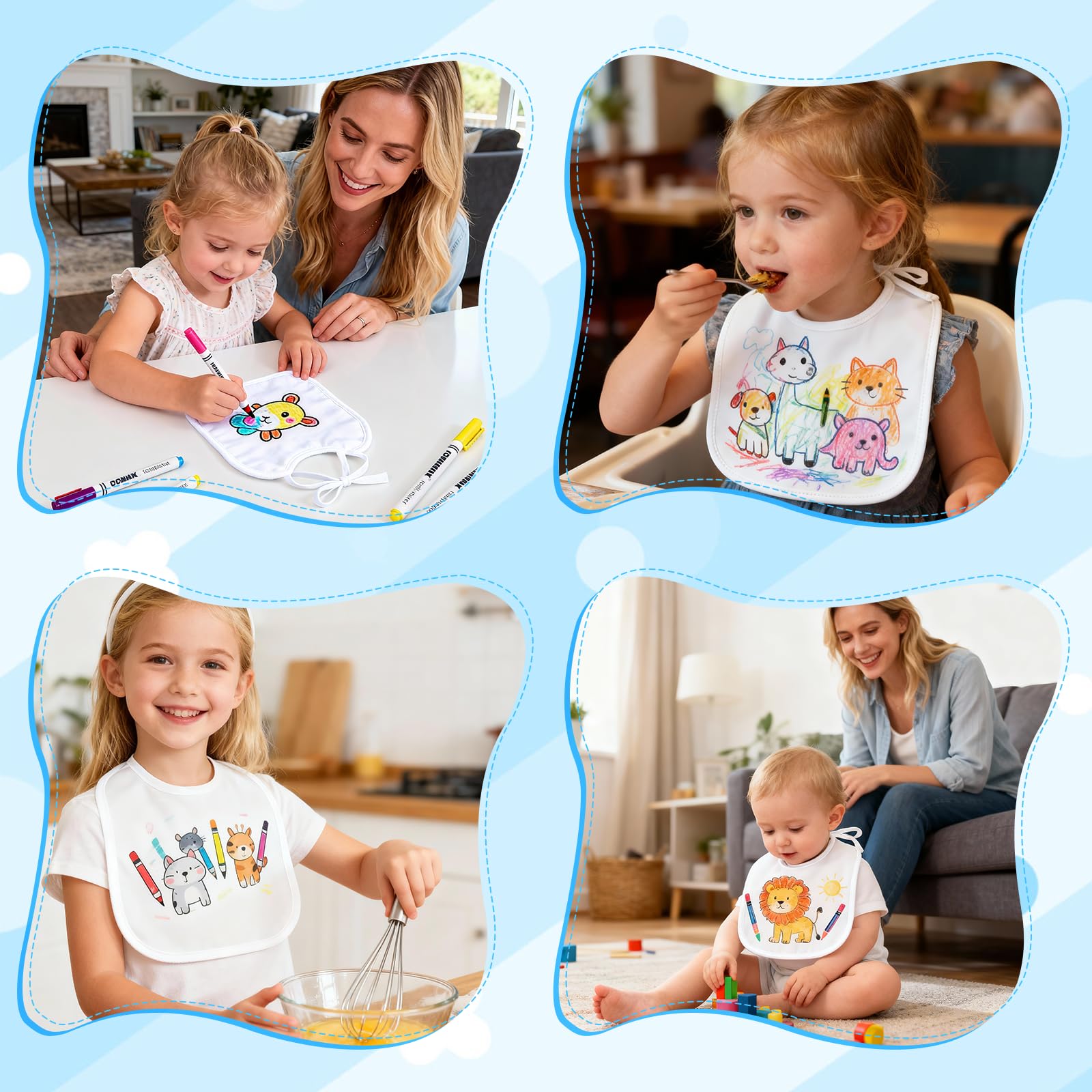 Zorplex 12 Sztuk Śliniaków do Pomalowania, Dwustronne i Wodoodporne, z 12 Pisakami Tekstylnymi i 3 Szablonami do Malowania, Kreatywny Prezent DIY na Baby Shower Dla Chłopców i Dziewczynek