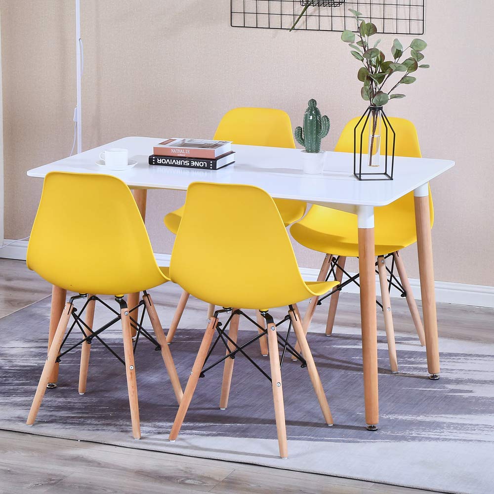 RayGar Lite Dining Table and Chairs - 4 Eiffel Style Plastic Designer Inspired Chairs and Rectangle Dining Table (Yellow)