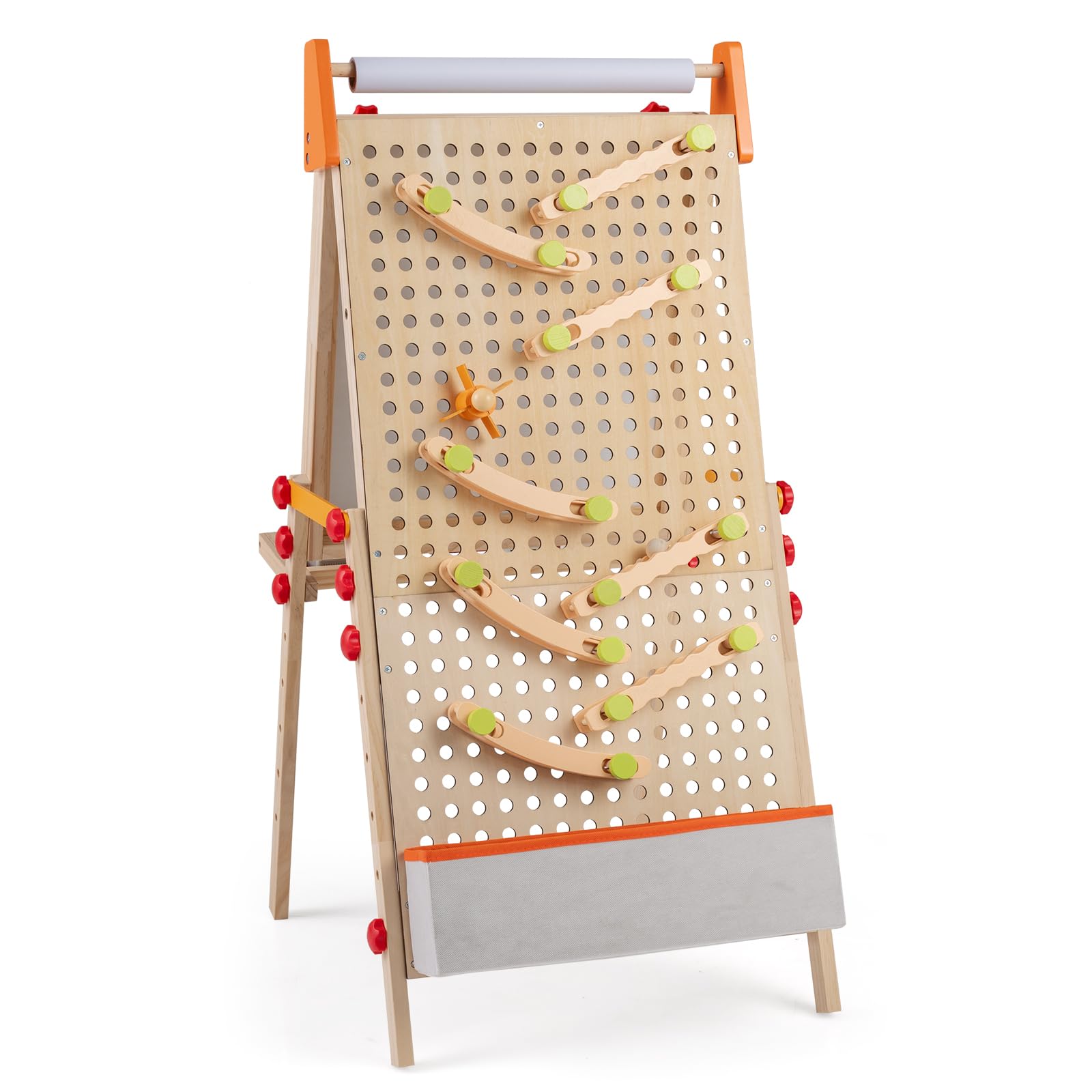 COSTWAY Tafel Kinder, Holz Spieltafel doppelseitig mit Magnet-Whiteboard, Papierrolle, Ablagefach & Murmelbahn, klappbare und höhenverstellbare Standtafel mit Zubehör für Kinder ab 3 Jahren
