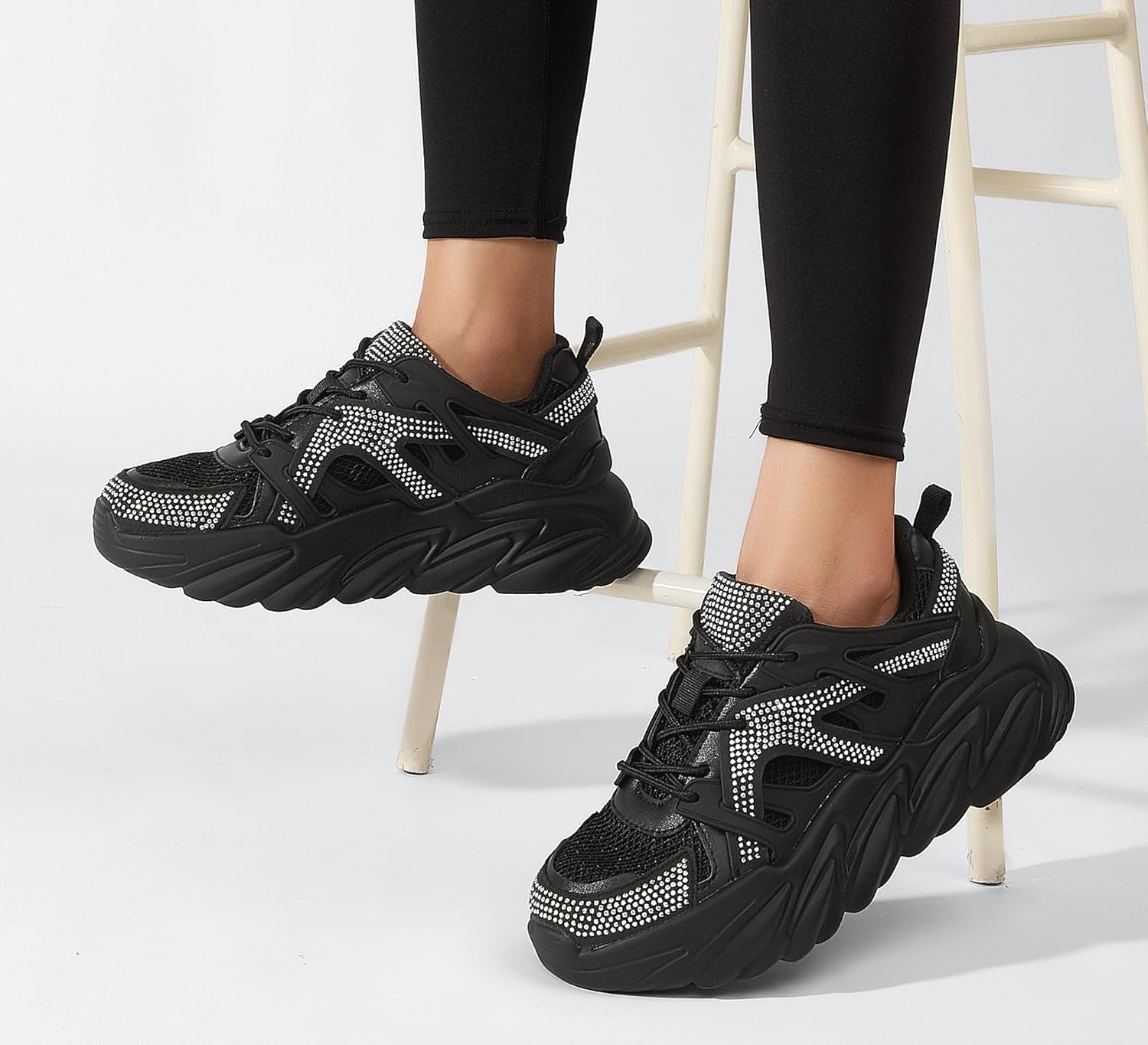 LUCKY STEP Women's Chunky Rhinestone Fashion Sneakers | Sparkly Platform Thick Dad Rave Mesh Walking Shoes