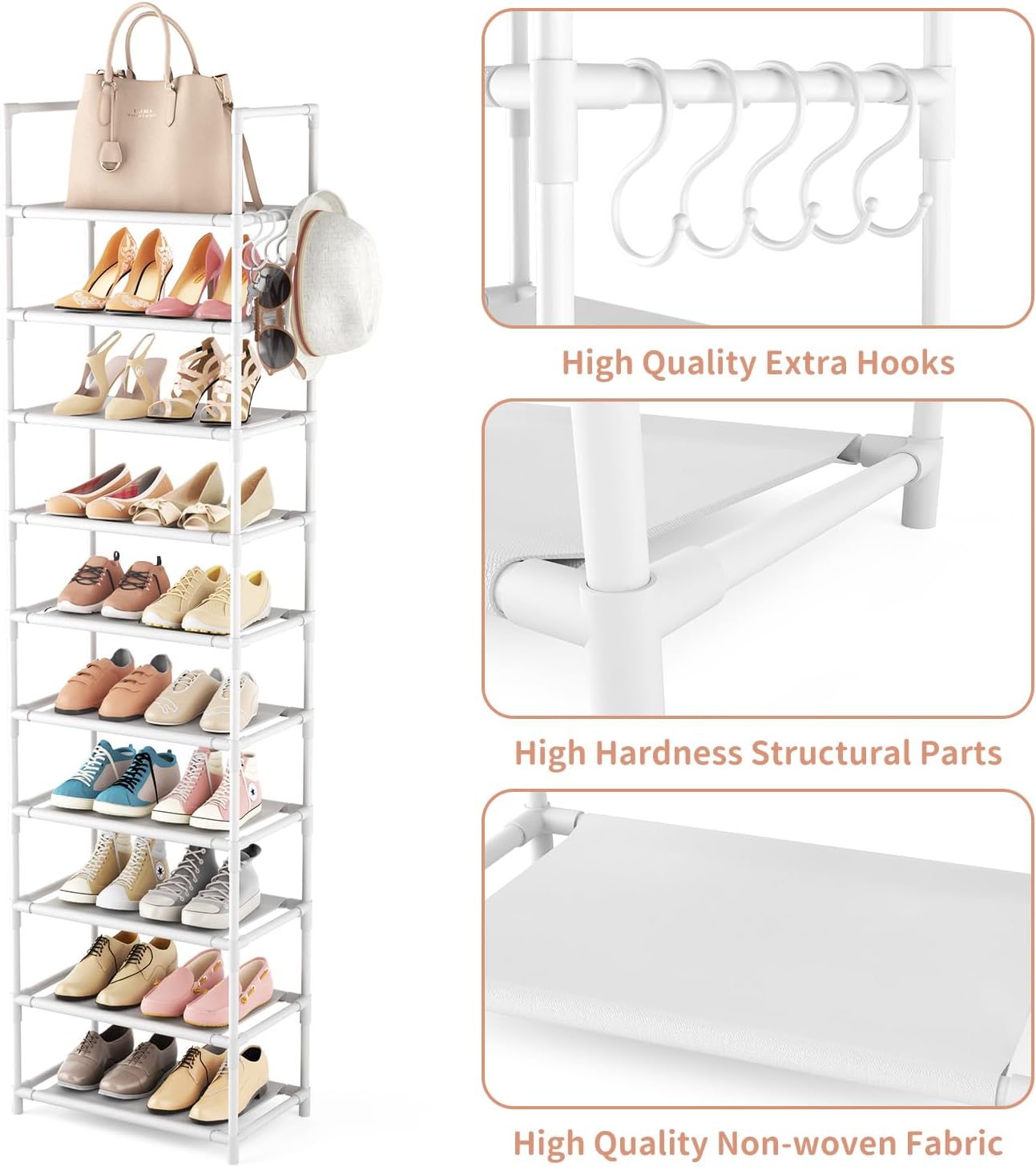 LANTEFUL 10 Tiers Tall Shoe Rack 20-25 Pairs Boots Organizer Storage Sturdy Narrow Shoe Shelf for Entryway, Closets with Hooks, White