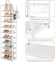 Vista 4 de 10 Tiers Tall Shoe Rack 20-25 Pairs Boots Organizer Storage Sturdy Narrow Shoe Shelf for Entryway, Closets with Hooks, White Blanco