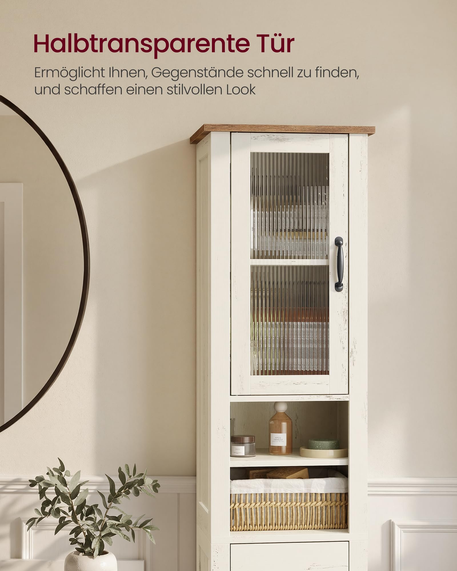 VASAGLE LIRY Kollektion - Badezimmerschrank im Landhausstil, Badschrank schmal, Badmöbel, offene Fächer, 1 Schublade, mit Türen, vintageweiß-honigbraun, 31,5 x 33 x 171 cm BBK660W101