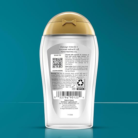 OGX Extra Strength Damage Remedy + Coconut Miracle Oil Penetrating Hair Oil Treatment, Extra Hydrating Anti-Frizz Oil for Coarse, Dry Hair, Paraben-Free, Sulfated-Surfactants Free, 3.3 Fl Oz