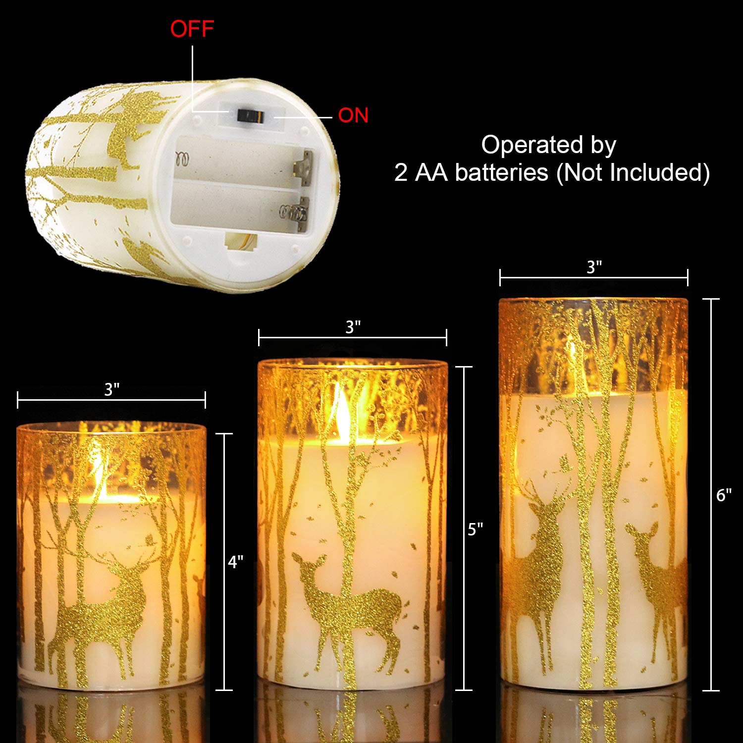 Eldnacele Candele in vetro senza fiamma tremolanti con timer e telecomando, confezione da 3 pezzi, con renna dorata, candele in vera cera, con fiamme danzanti realistiche e decorazioni natalizie per