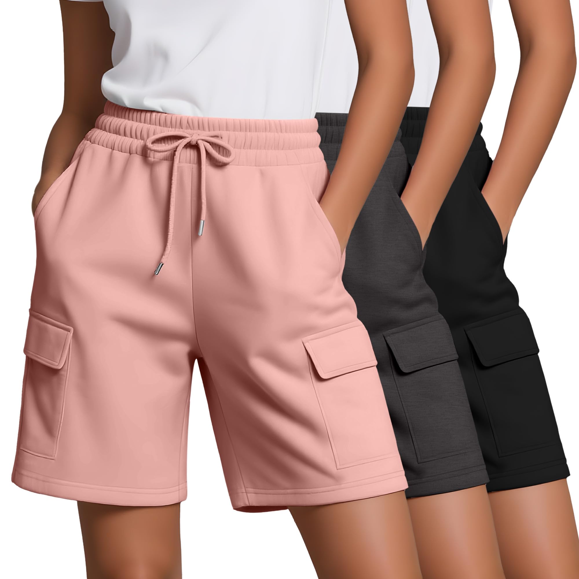3 Pack Women's Bermuda Shorts Cargo Elastic Drawstring Knee Length Shorts Casual Loose Yoga SweatShorts with 4 Pockets