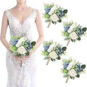 Bridesmaids Bouquets Flowers Set of 4 -Artificial Bridesmaid Bouquet Wedding 7 Inch Rustic Small Floral Centerpiece for Marriage Proposal Party Anniversary Dining Table Decor - Green & Dusty Blue