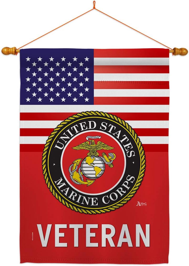US Marine Corps Veteran House Flag - Dowel Set Armed Forces USMC Semper Fi United State American Military Retire Official - Decoration Banner Small Garden Yard Gift Double-Sided Made in USA 28 X 40