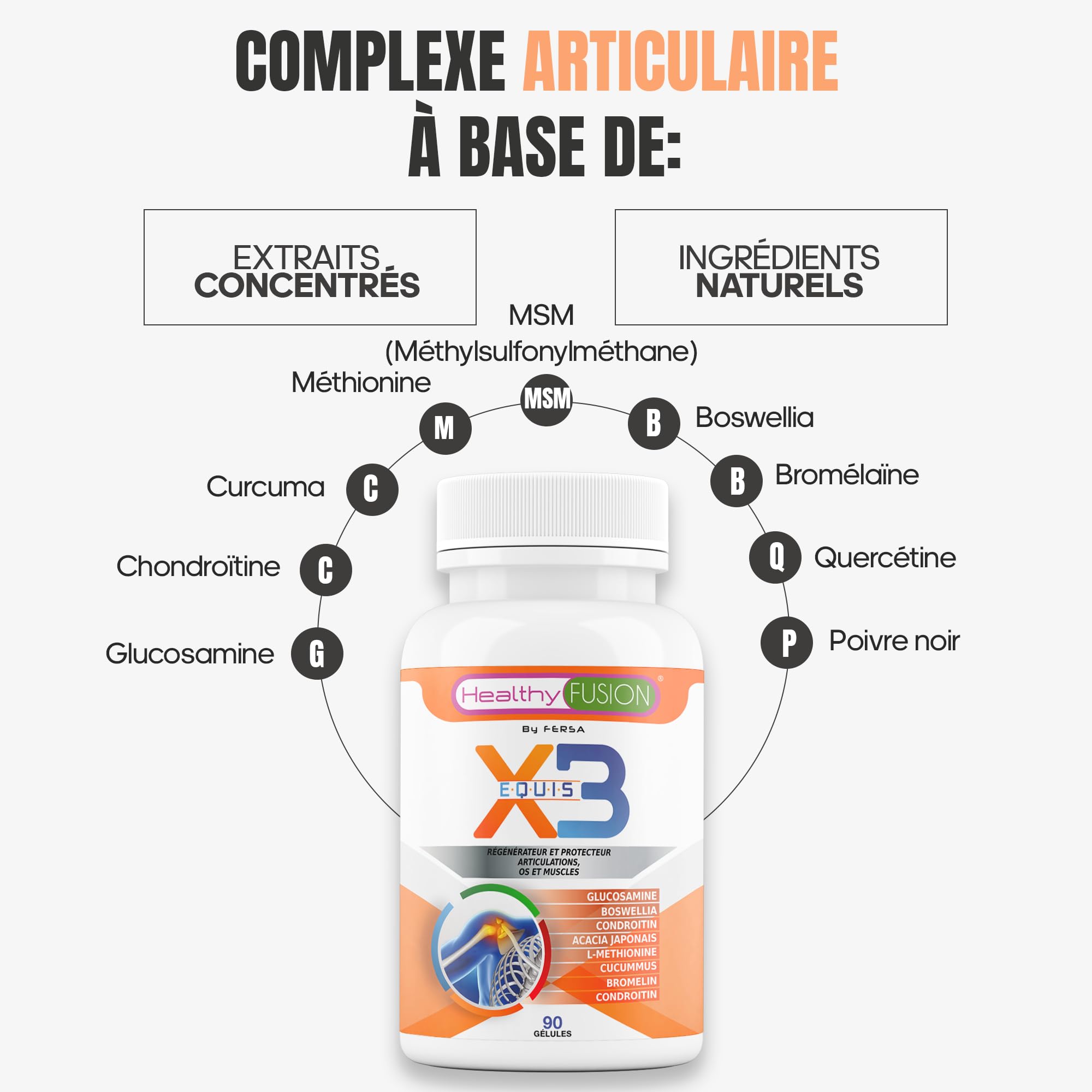 Complément Alimentaire Glucosamine Chondroïtine Curcuma MSM - 120 Capsules, Soutien Articulaire