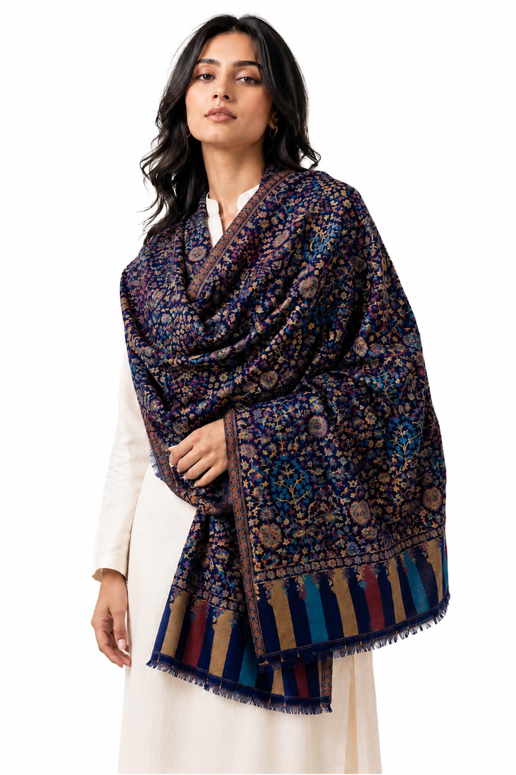 Women's Woven Kani Wool Shawl | Heritage Woven Design | Soft Lightweight Winter Wrap | Navy | 100 x 200 cm-image-12