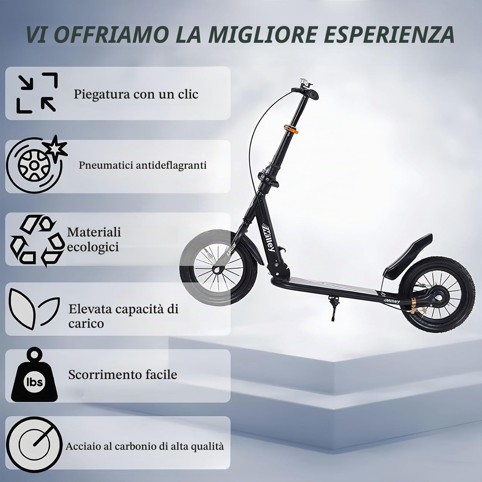 City Roller Kickscooter Adulti, Monopattino con Ruote Grandi da 290mm, Monopattino da Città Pieghevole con Freno a Mano e Freno, Altezza Regolabile, Capacità di Carico 150 kg