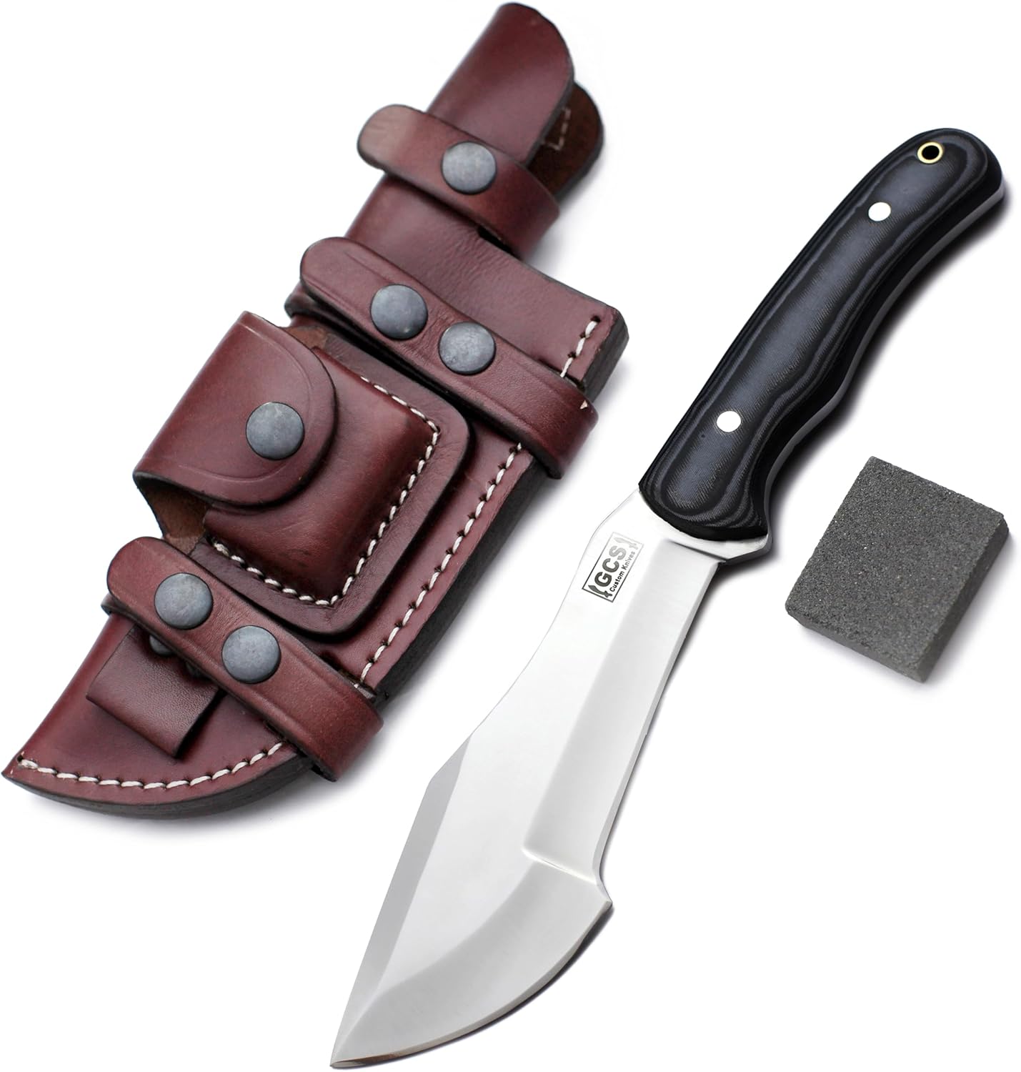 GCS Handmade D2 steel Hunting Knife G10 Handle Fixed Blade Knife Right Hand Scout Carry Buffalo leather Sheath and Sharpening Stone for Hunting Camping Survival and EDC GCS253