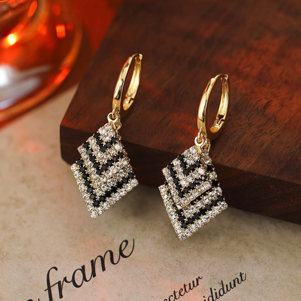 18K Gold Plated Geometric Dangle Earrings for Women – Black and White Cubic Zirconia Diamond Shape Drop Earrings, Elegant Statement Jewelry - Image 3