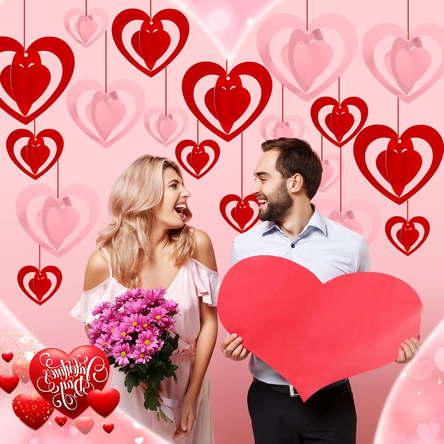 Pasimy 21 Pcs Valentines Day Hanging Decorations 3D Heart Shaped Decor Galentines Red Pink Heart Shaped Garland for Valentine Day Wedding Anniversary Engagement Galentines Party Supplies(Red and Pink) - Image 7