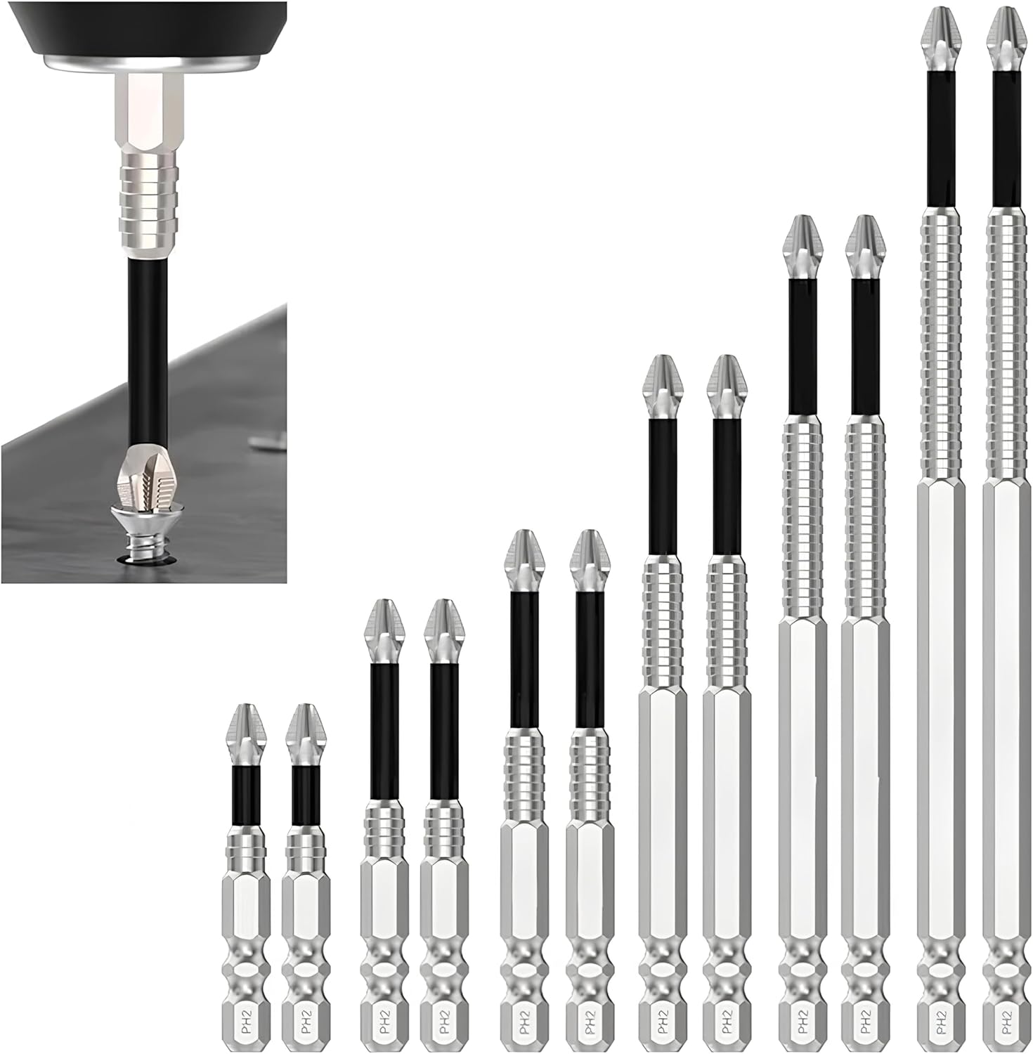 High Magnetic Screwdriver Drill Bit Set, Anti Slip Magnetic Electric Screwdriver Set for Impact Driver, Upgrade Strong Magnetic Durability Screwdriver Drill Bit Set, 25 50 65 70 90 150mm (2 Set)