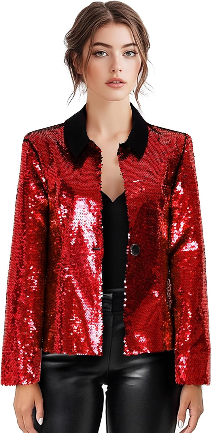 Women's Sequin Jackets Long Sleeves Single Button Casual Sparkly Coat with Pocket