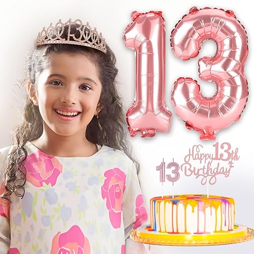 Miniatura 6 de Decoraciones de cumpleaños número 13 para niñas, incluyendo banda de cumpleaños, tiara de corona de diamantes de imitación de oro rosa, decoración