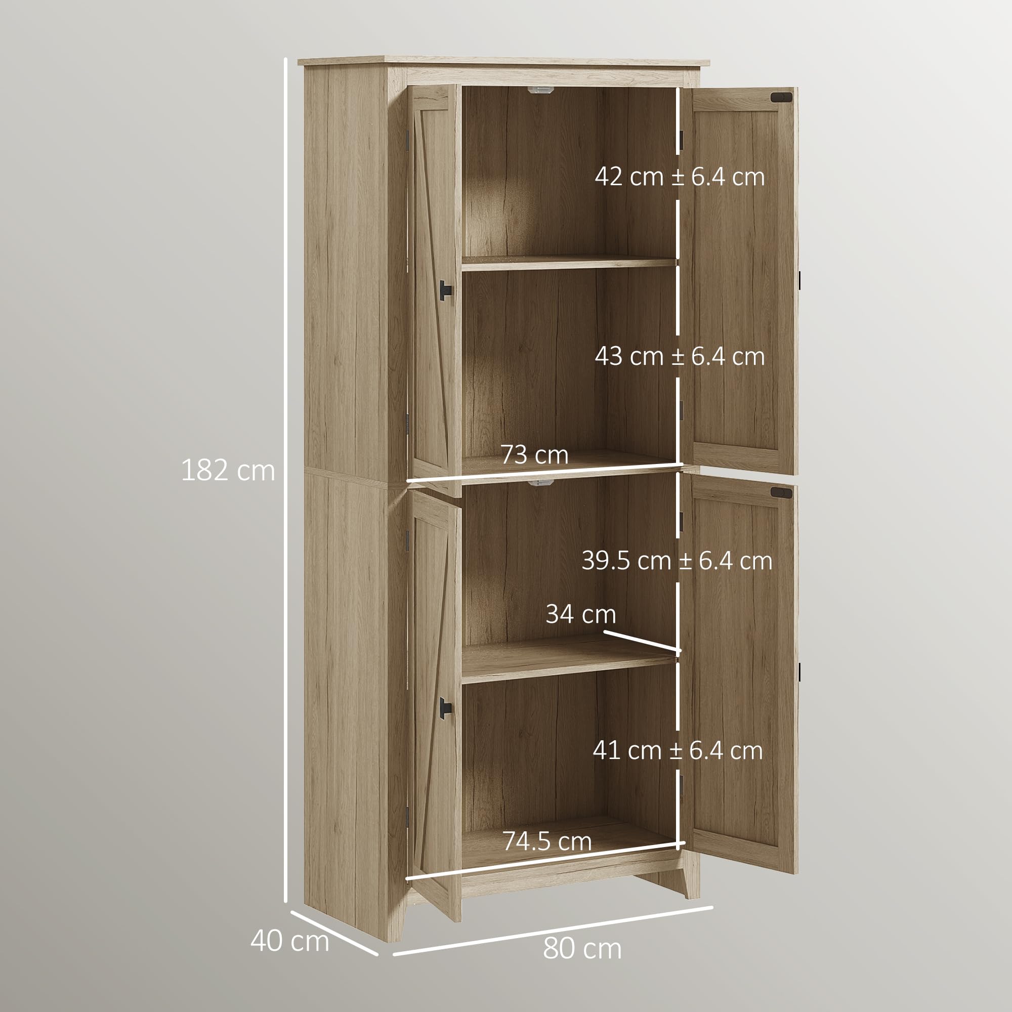 HOMCOM Credenza Moderna a 4 Ante con Mensole Regolabili e Base Rialzata, Mobile Cucina in Legno, 80x40x182 cm, Color Legno