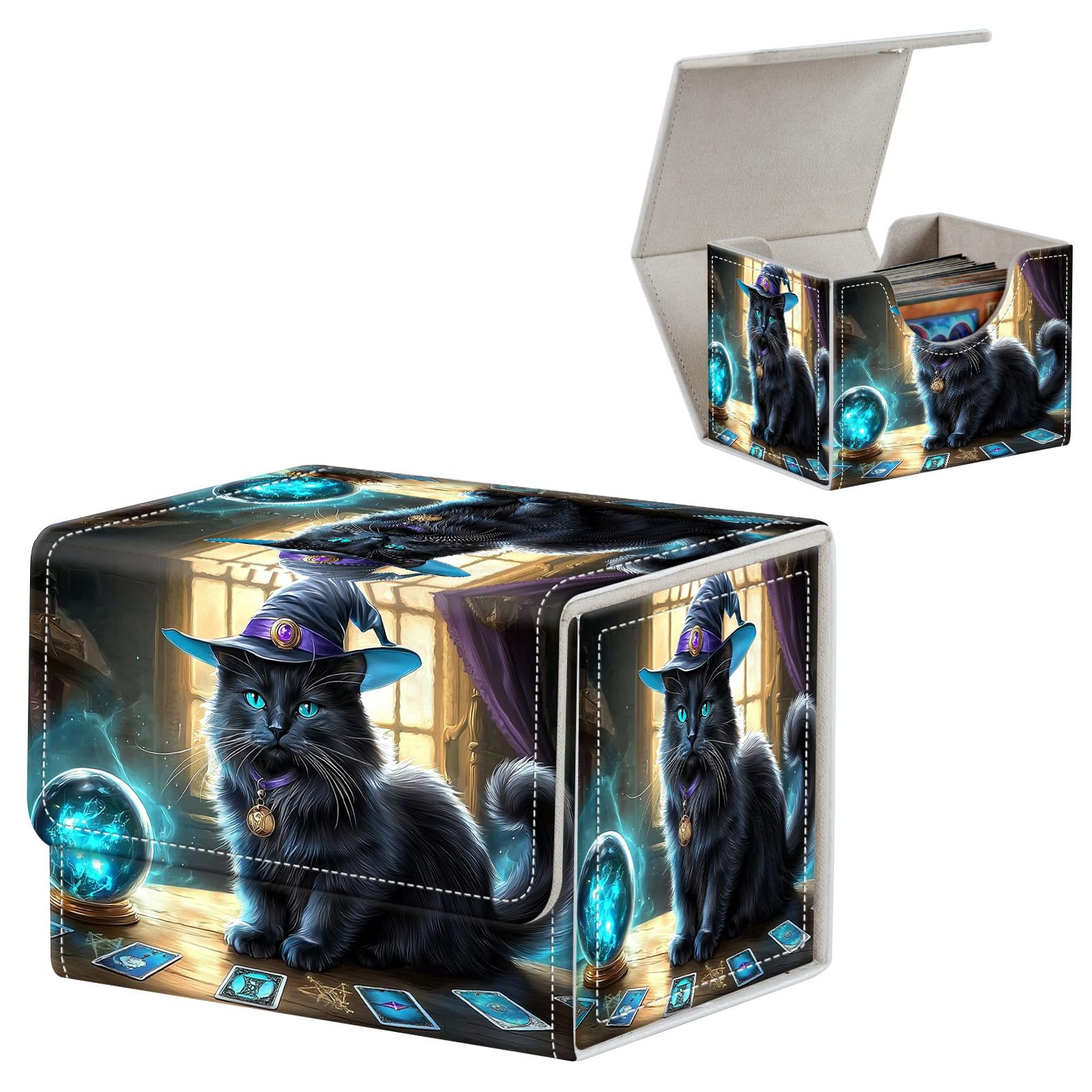 FUYOCWE Card Deck Box,MTG Commander Deck Box 100+ Double Sleeved Cards Storage,Magnetic Snap Leather Trading Card Case Oragnizer for TCG/CCG/Magic/Sports Cards-Cat in witchs Hat Playing Card — image 1