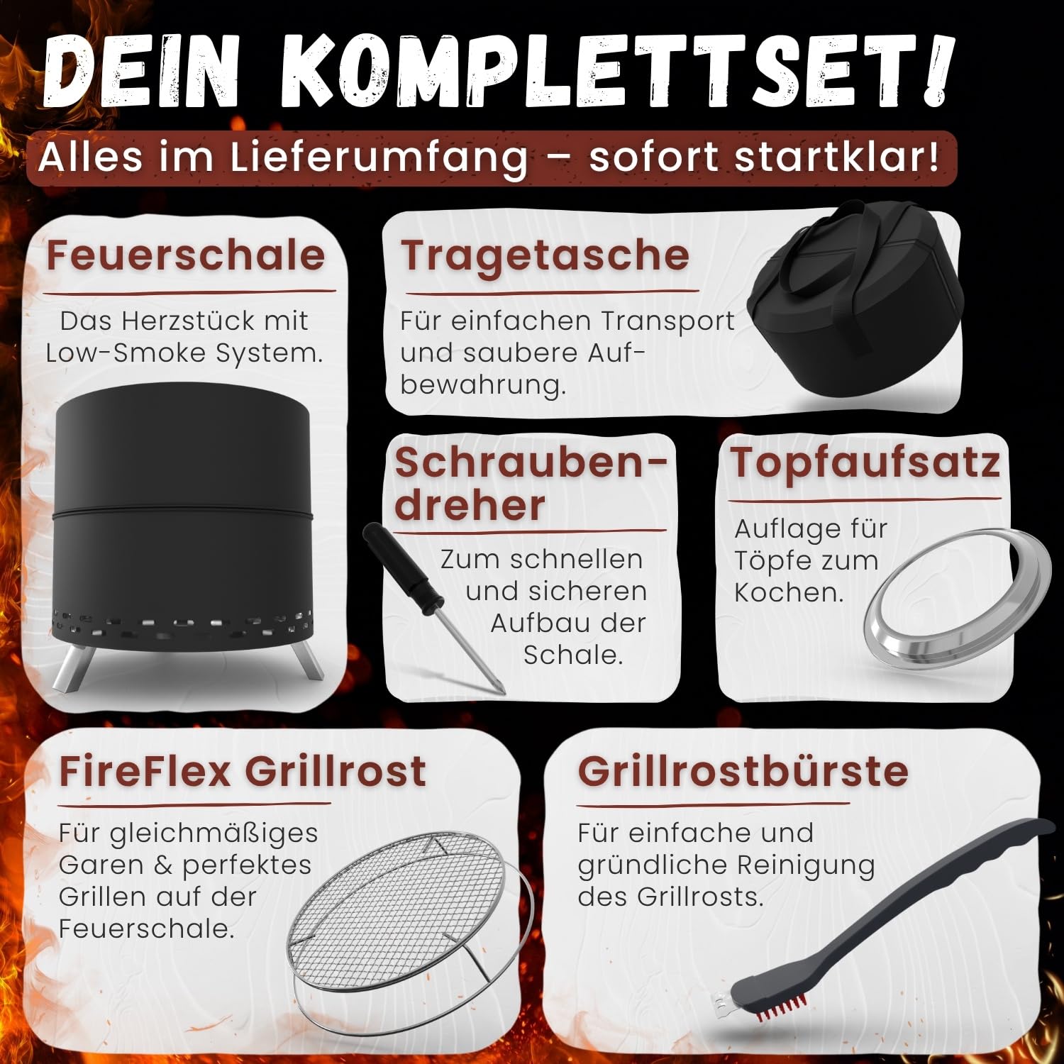 Heimfleiss® Rauchfreie Feuerschale Edelstahl Ø50cm Feuerkorb mit Grillrost für Garten Camping Balkon Terrasse