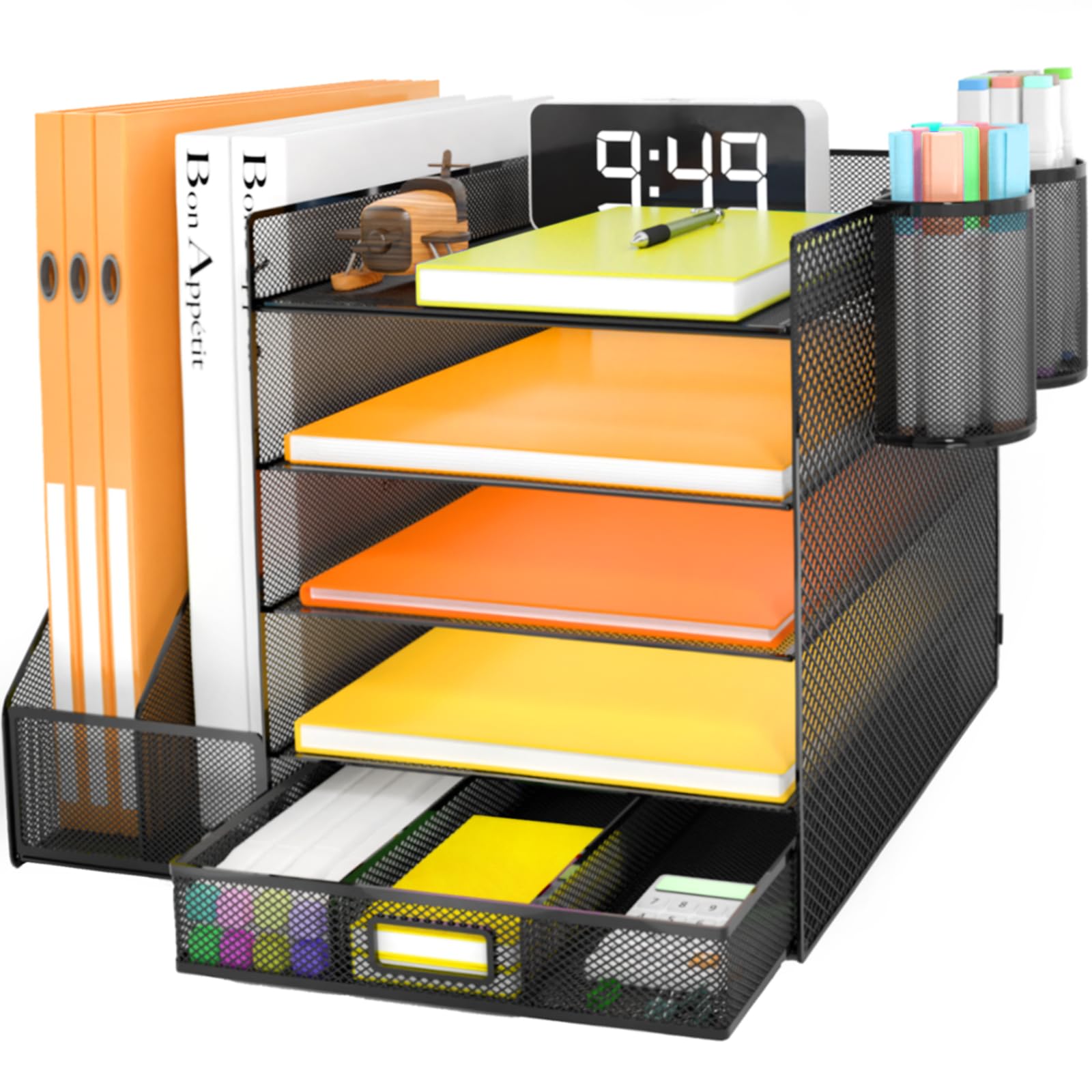 Desk Organizer with File Holder, 5-Tier Letter Paper Tray Organizer with Drawer & 2 Pen Holders, Desk Organizers and Accessories, Mesh Desktop File Organizer and Storage for Office image 6