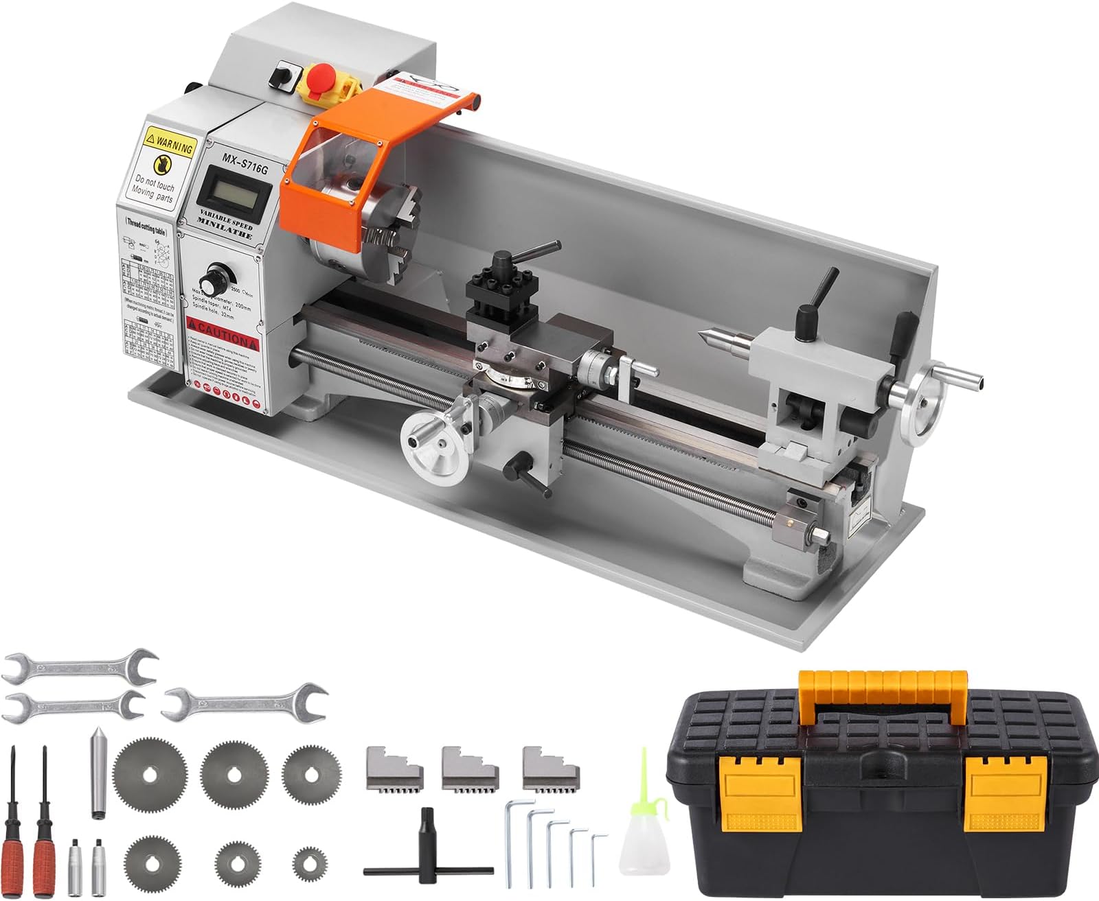7'' x 16'' Metal Lathe Machine, 800W Precision Benchtop Power Metal Lathe, 150-2500 RPM Continuously Variable Speed, with 3.9'' 3-jaw Metal Chuck Come with Tool Box