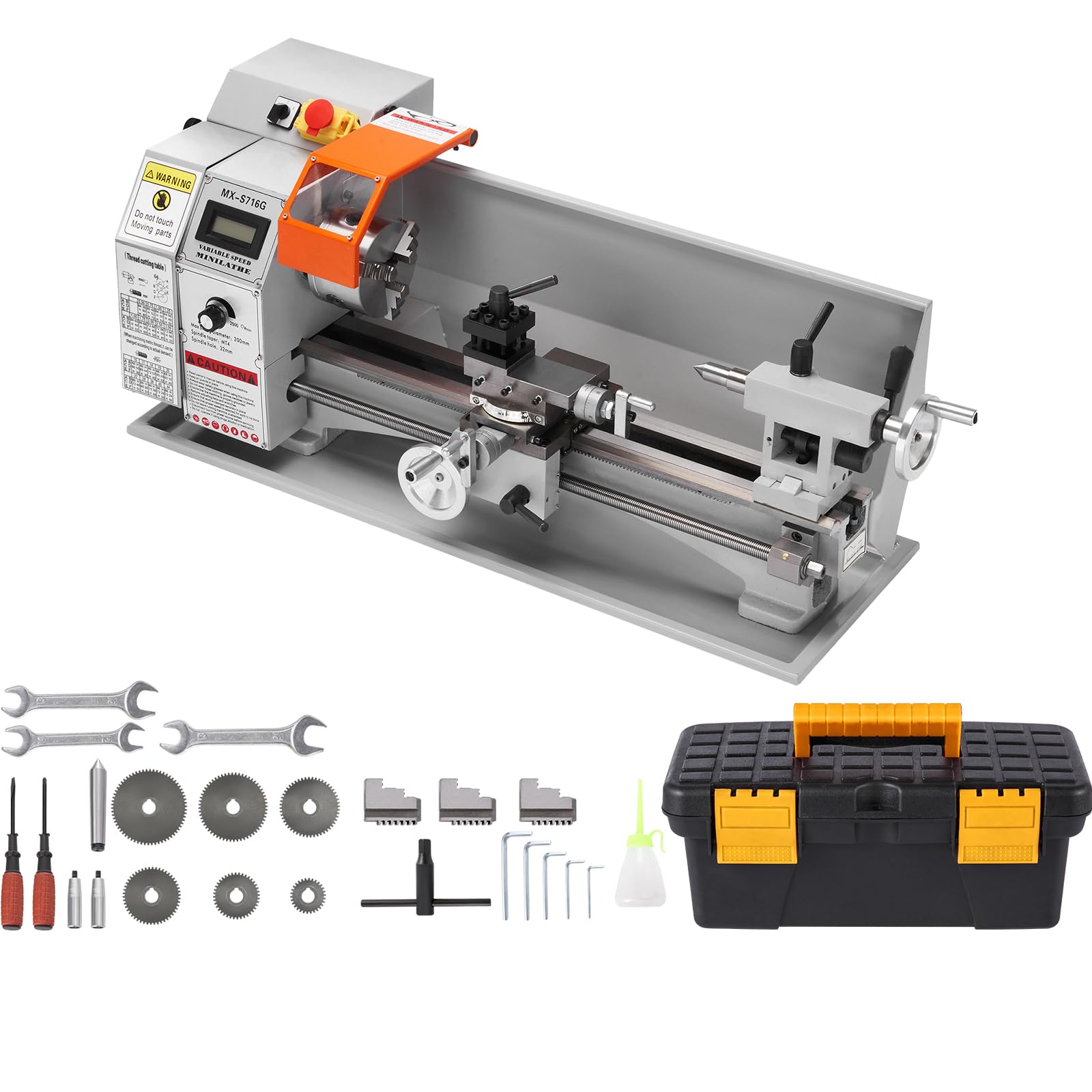 VEVOR7'' x 16'' Metal Lathe Machine, 800W Precision Benchtop Power Metal Lathe, 150-2500 RPM Continuously Variable Speed, with 3.9'' 3-jaw Metal Chuck Come with Tool Box