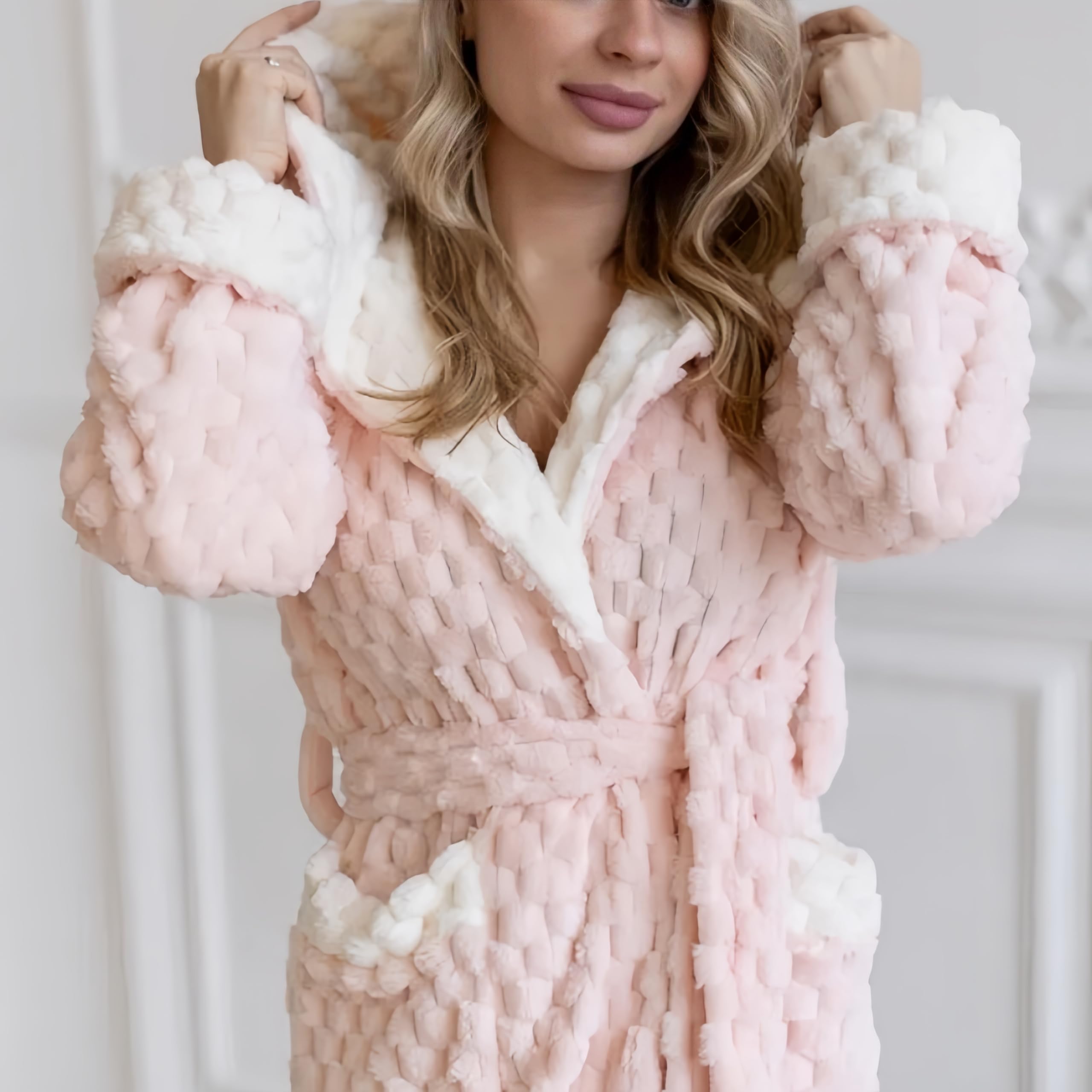 Albornoz con Capucha de Terciopelo Coral Rosa para Mujer, Bonito y Cálido, Informal, de Invierno, Suave, Cómodo y Esponjoso, de Manga Larga, Liso, para Estar En Casa.