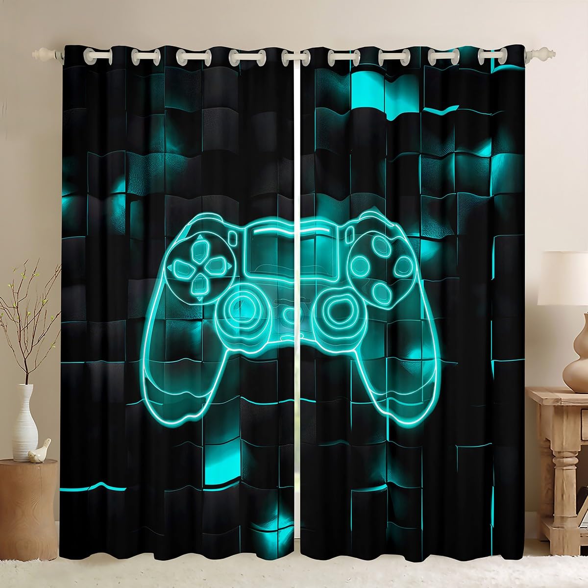 Cortinas opacas infantiles de 66x72 pulgadas con gamepad neón verde azulado para ventana