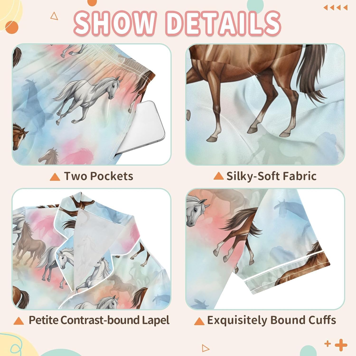 Satin Pajama Sets Short Sleeve Horses Running on Colorful Button Down Silky Nightwear 2 Piece PJS 5-14Y
