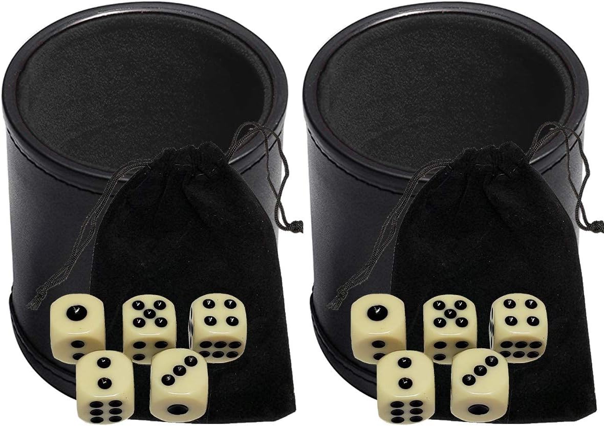 Cyber-Deals Black PU Leather Dice Cup with 15mm Ivory Tone Pip Dice Plus Storage Pouch Set (2 Sets)