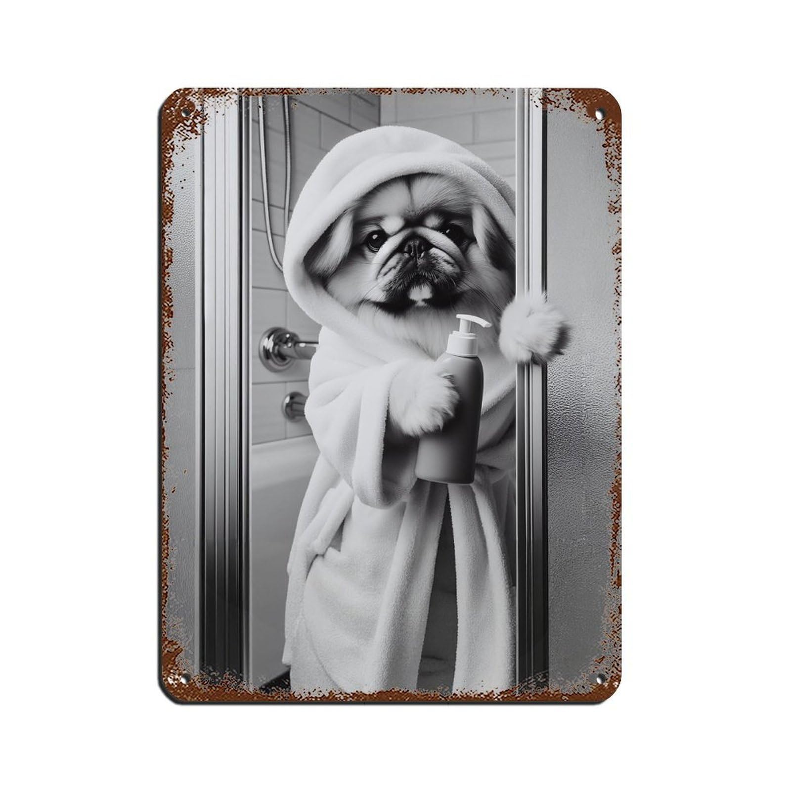 Lxwnze 30L X 40W Cm Pekingese Bathroom Art Poster Tin Sign Vintage Metal Pub Club Cafe Bar Home Wall Art Decoration Poster Retro 12X16inch(30X40cm)