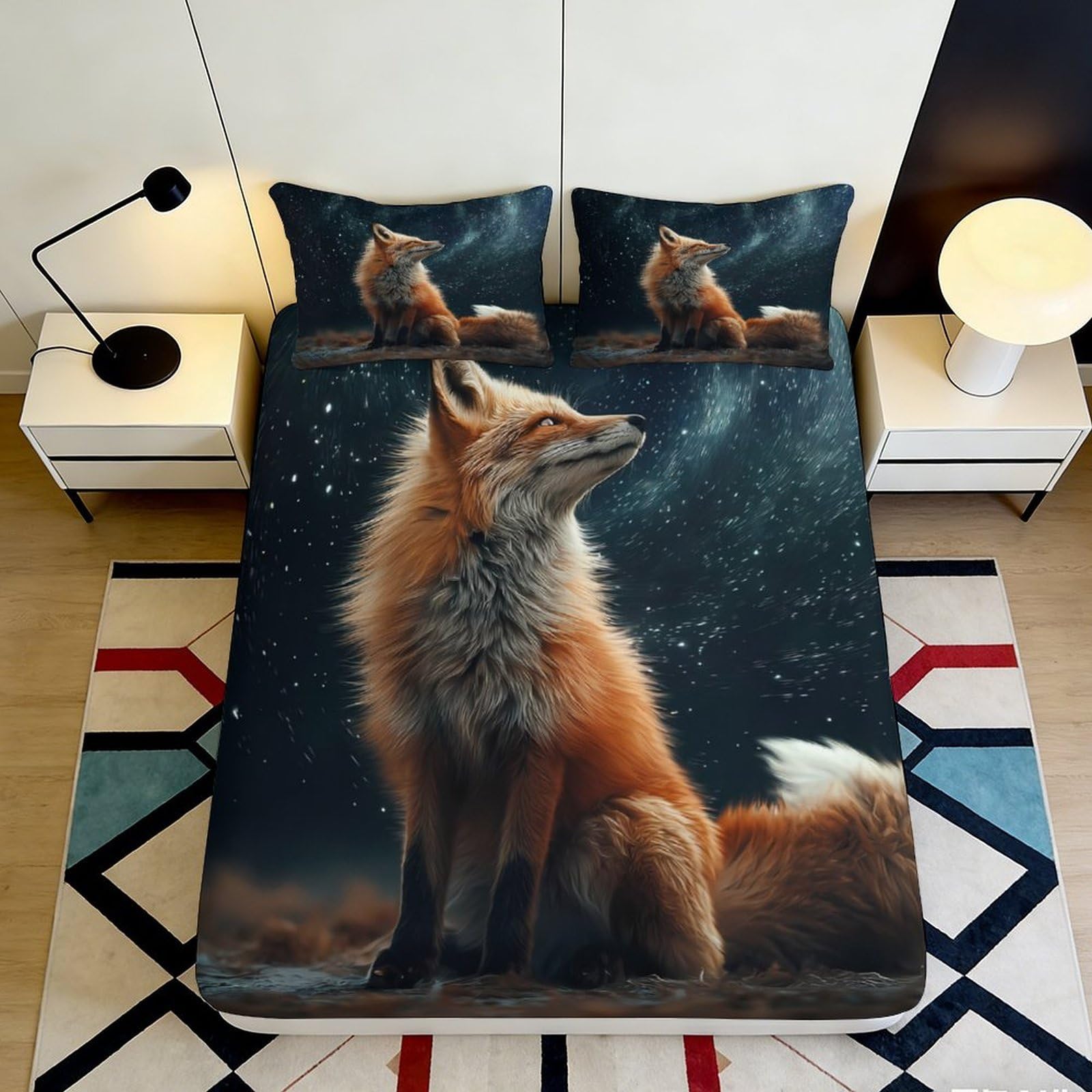 3D Printed Fox Night Sky Fitted Sheet Microfiber Soft Breathable Starry Sky Mattress Cover for Bedroom Dormitory Guest Room Protection Decor 160x200x25cm