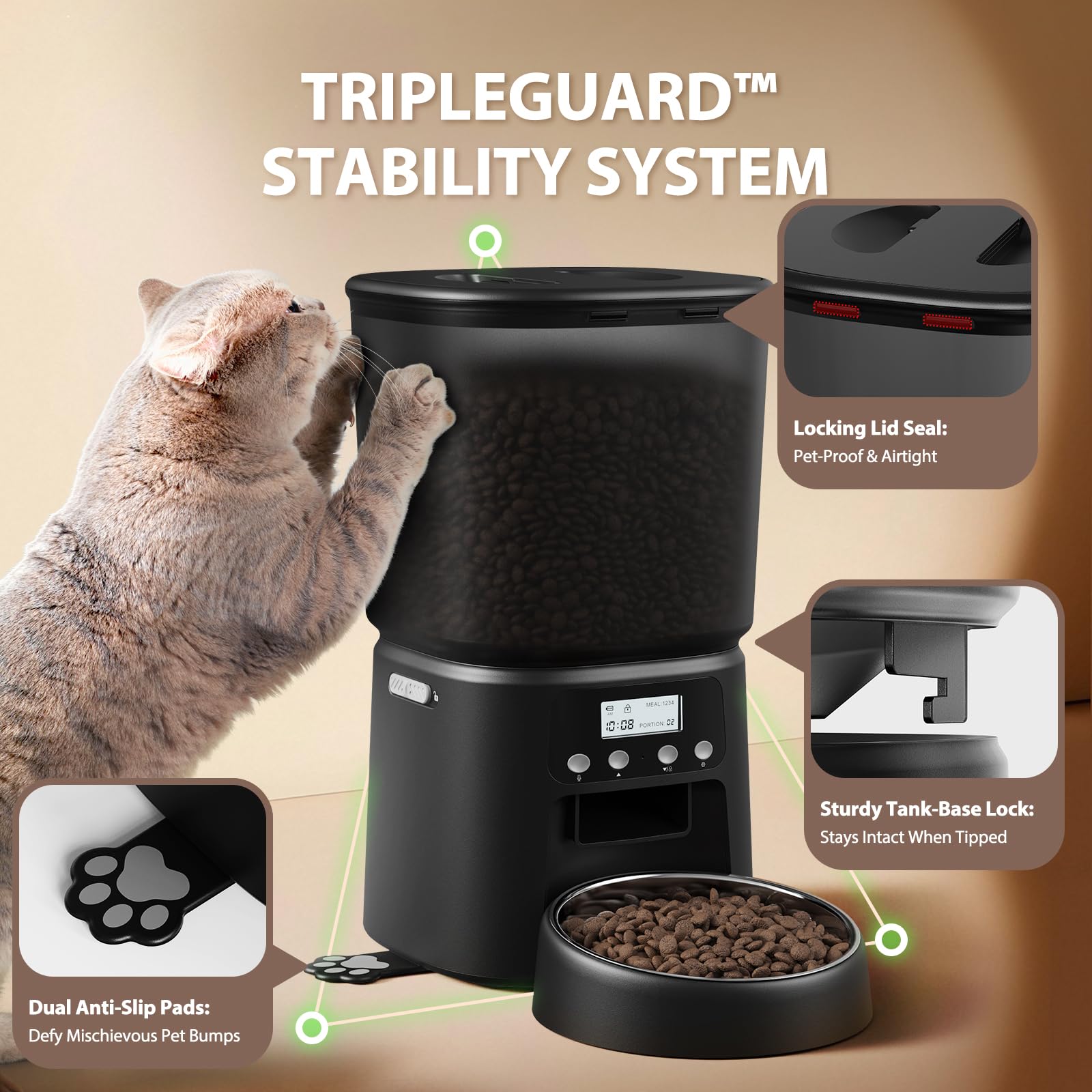 Automatic Cat Feeder, 4L/16Cups Cat Food Dispenser with Stainless Steel Bowl Programmable 30 Portions 6 Meals per Day, Timed Pet Feeder for Kitty Small Dogs with 10S Voice Record, Black - image 7