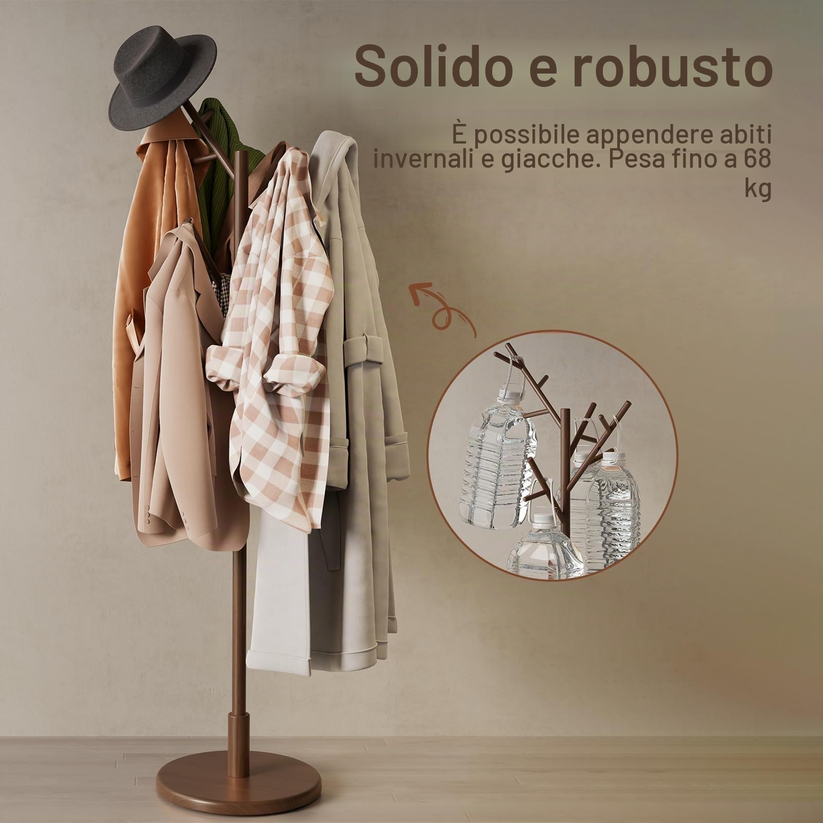 AQIMUELE Attaccapanni, Appendiabiti da Terra in Legno, 12 Ganci, 3 Altezze, per Cappotti, Cappelli e Borse, per Ingresso, Ganci e Palo in Legno di Gomma, Design ad Albero, Noce