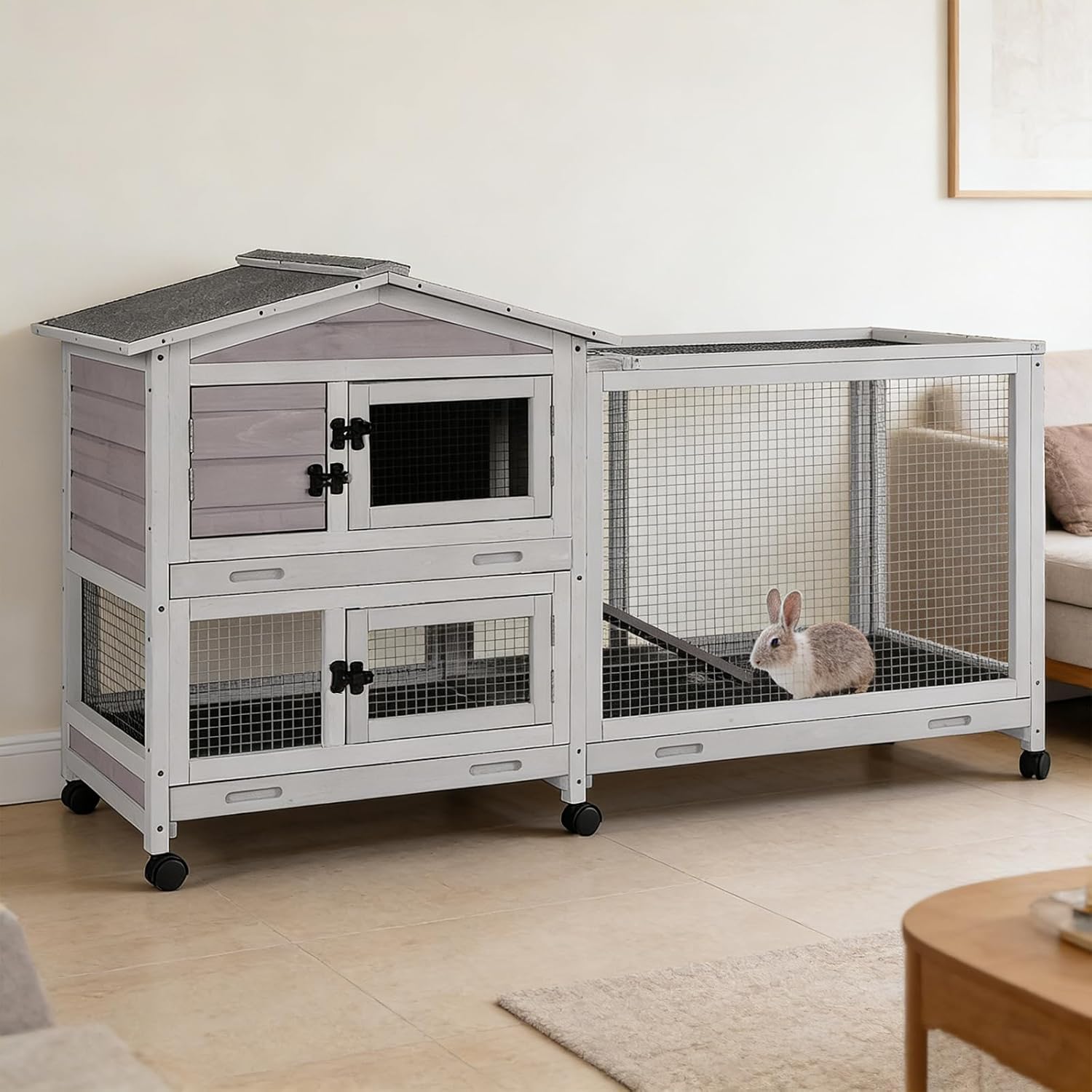 Rabbit Hutch Indoor, 62’’ Bunny Hutch Outdoor, Mobile Rabbit House with Wheels, Wooden Bunny Cage with Leakproof Tray, Chew-Proof Ramp for Guinea Pig(Grey)