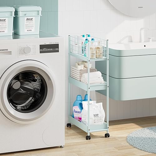 Miniatura 5 de KINGRACK Carrito de almacenamiento delgado, carrito de metal de 3 niveles con ruedas, carrito de almacenamiento deslizante, carrito de