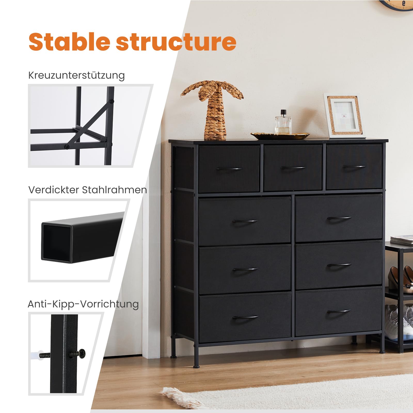 Sweetcrispy Commode avec tiroirs en Tissu - Buffet avec 9 tiroirs en Tissu - Meuble d'organisation pour Cuisine, Bureau, Couloir - Meuble TV avec tiroirs - Noir