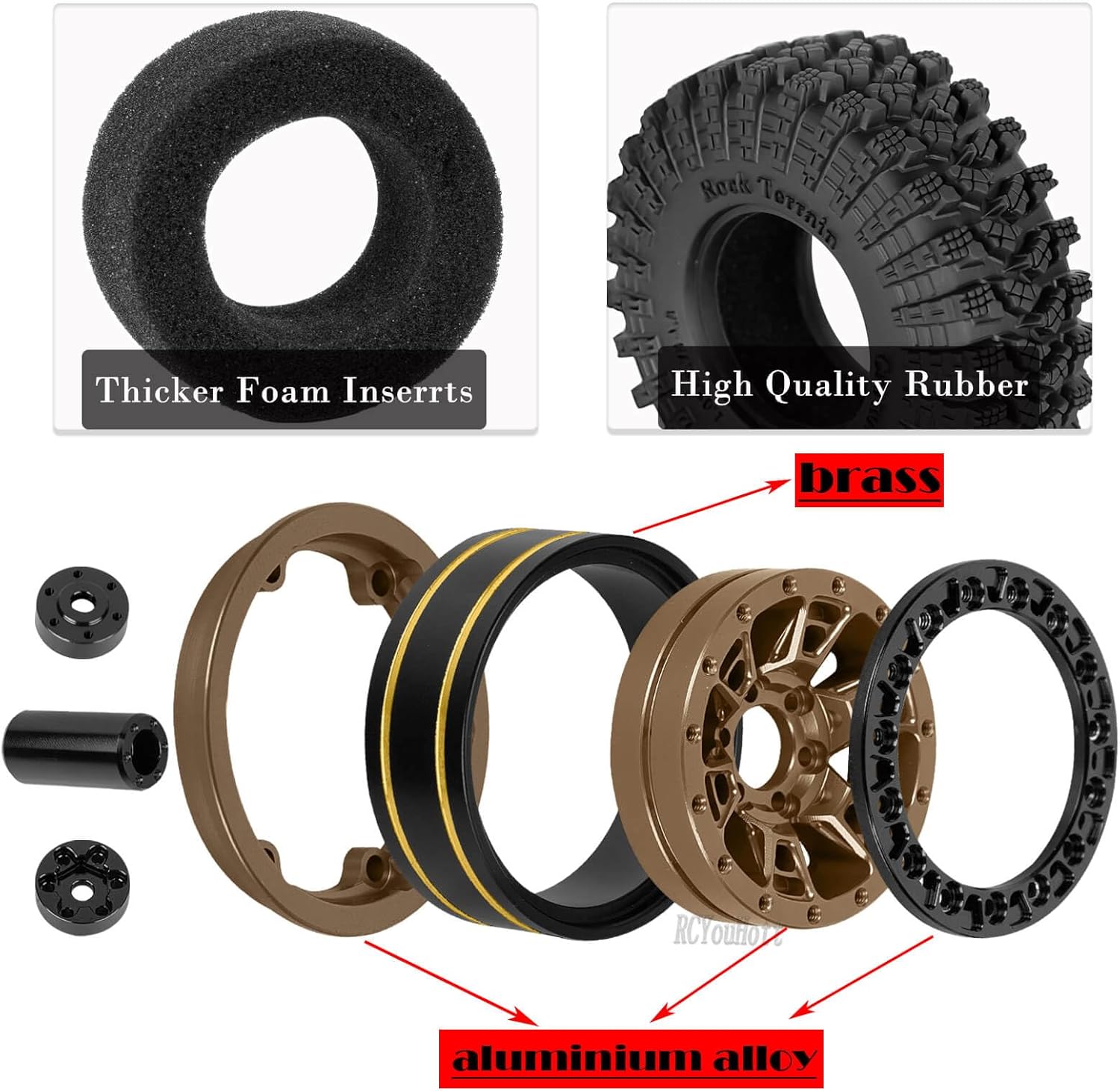 RC 1.3" Beadlock Tires Wheels for 1/18 1/24 Trx4m SCX24 FCX24 Ascent-18 RC Crawler Car,4pcs 1.3 Inch Wheel Rim Soft Rubber Tires,Brown