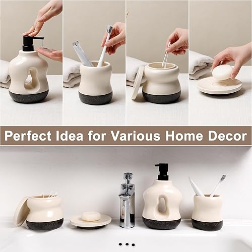 Miniatura 4 de BosilunLife Juego de 4 accesorios de baño, juego de jabón beige para decoración de baño, loción de baño, dispensador de jabón, soporte para cepillos