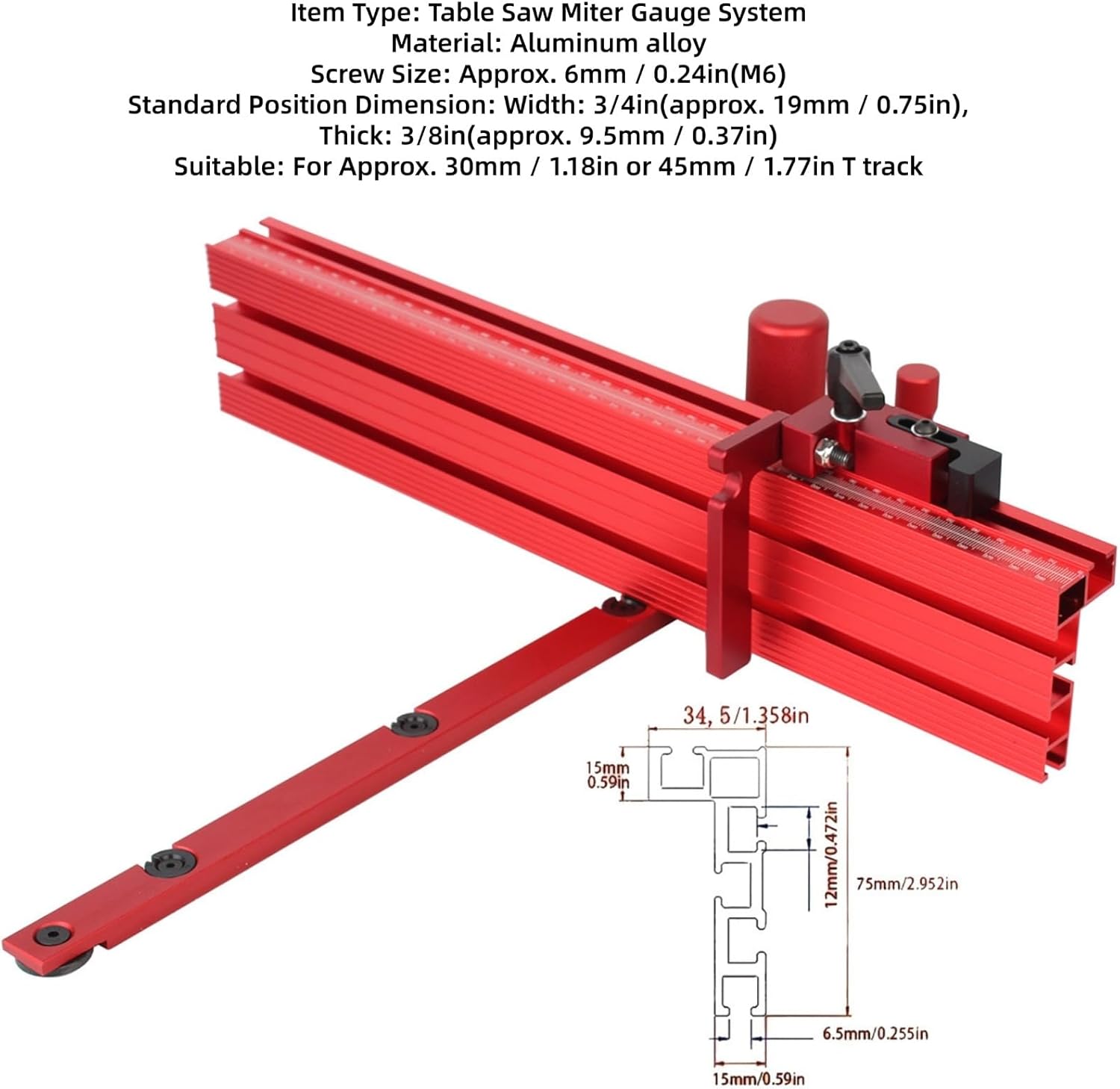 Table Saw Miter System with Limit Stop, Accurate Miter Gauge for 30mm or 45mm T Track